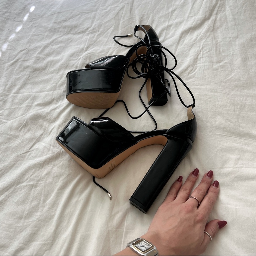 EGO platform heel lace up sandal- Patent black, 9